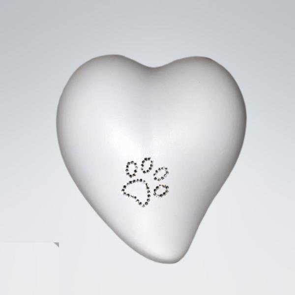 Tierurne Herz Acryl Weiß - mit 1 großen Kristall-Pfote